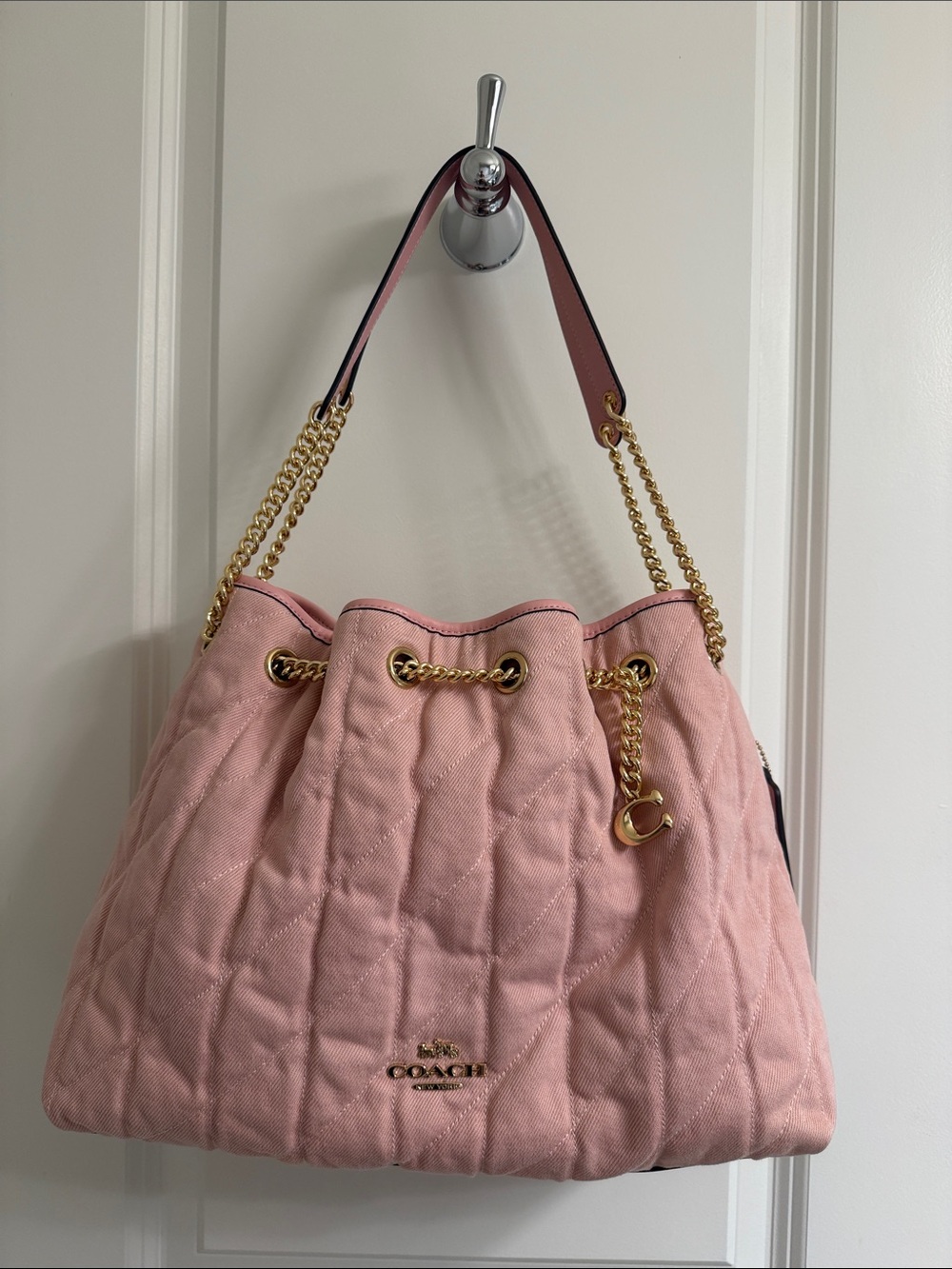 COACH Evelyn Shoulder Bag In Light Pink Loved Denim With Quilting And Charm